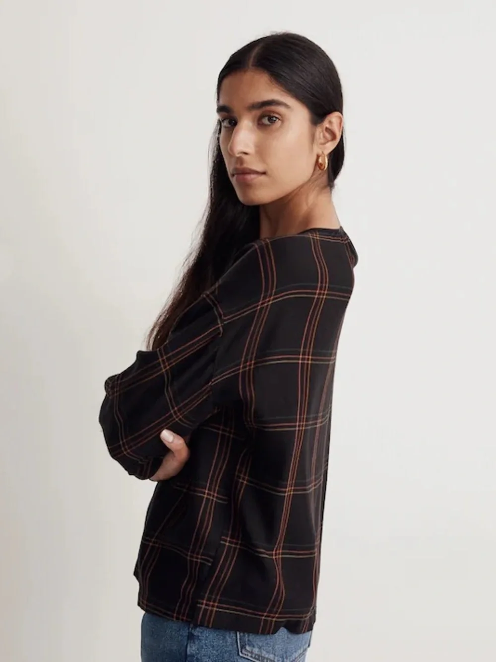 Madewell Skirred Peasant Top in Windowpane Sz XL - Picture 5 of 12